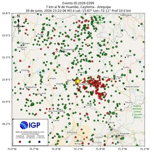 Mapa sísmico del sismo de magnitud 3.4 a 7 km al N de Huambo, Caylloma - Arequipa, Perú