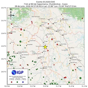 Mapa sísmico del sismo de magnitud 3.4 a 7 km al NO de Capacmarca, Chumbivilcas - Cusco, Perú