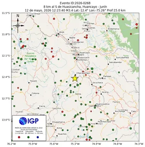 Mapa sísmico del sismo de magnitud 3.4 a 8 km al S de Huasicancha, Huancayo - Junín, Perú