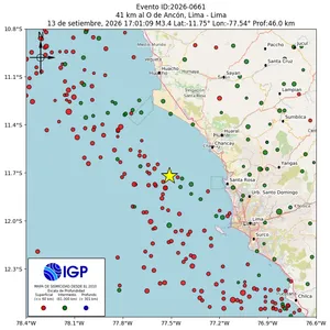 Mapa sísmico del sismo de magnitud 3.4 a 41 km al O de Ancón, Lima - Lima, Perú