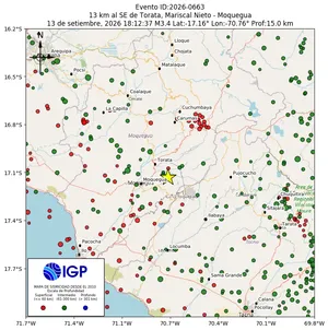 Mapa sísmico del sismo de magnitud 3.4 a 13 km al SE de Torata, Mariscal Nieto - Moquegua, Perú