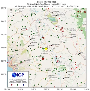 Mapa sísmico del sismo de magnitud 3.5 a 10 km al N de San Mateo, Huarochirí - Lima, Perú