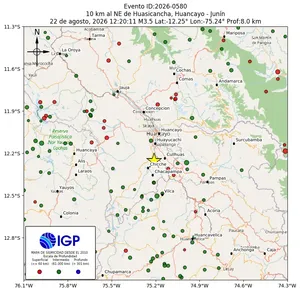 Mapa sísmico del sismo de magnitud 3.5 a 10 km al NE de Huasicancha, Huancayo - Junín, Perú