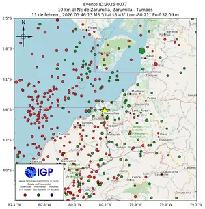 Mapa sísmico del sismo de magnitud 3.5 a 10 km al NE de Zarumilla, Zarumilla - Tumbes, Perú