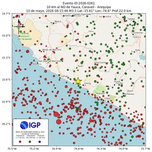 Mapa sísmico del sismo de magnitud 3.5 a 10 km al NO de Yauca, Caravelí - Arequipa, Perú