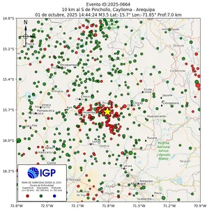 Mapa sísmico del sismo de magnitud 3.5 a 10 km al S de Pinchollo, Caylloma - Arequipa, Perú