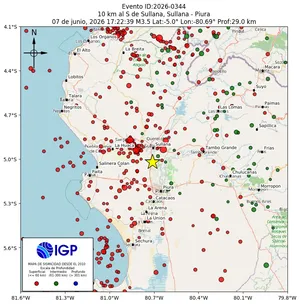 Mapa sísmico del sismo de magnitud 3.5 a 10 km al S de Sullana, Sullana - Piura, Perú