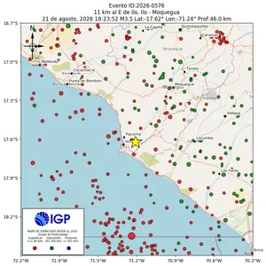 Mapa sísmico del sismo de magnitud 3.5 a 11 km al E de Ilo, Ilo - Moquegua, Perú