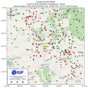 Mapa sísmico del sismo de magnitud 3.5 a 11 km al N de Villa Rica, Oxapampa - Pasco, Perú