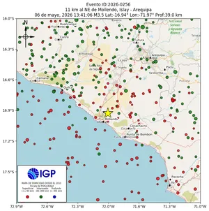 Mapa sísmico del sismo de magnitud 3.5 a 11 km al NE de Mollendo, Islay - Arequipa, Perú