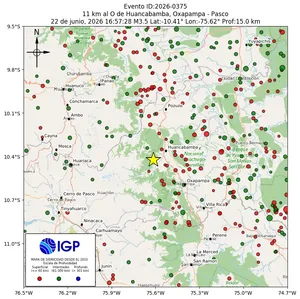 Mapa sísmico del sismo de magnitud 3.5 a 11 km al O de Huancabamba, Oxapampa - Pasco, Perú