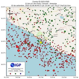 Mapa sísmico del sismo de magnitud 3.5 a 11 km al S de Chala, Caraveli - Arequipa, Perú