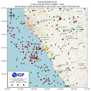 Mapa sísmico del sismo de magnitud 3.5 a 11 km al SE de Chilca, Cañete - Lima, Perú