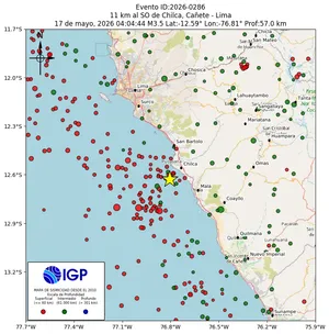 Mapa sísmico del sismo de magnitud 3.5 a 11 km al SO de Chilca, Cañete - Lima, Perú