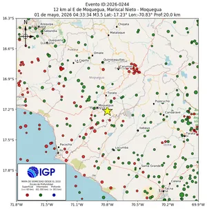 Mapa sísmico del sismo de magnitud 3.5 a 12 km al E de Moquegua, Mariscal Nieto - Moquegua, Perú