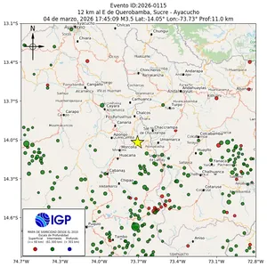 Mapa sísmico del sismo de magnitud 3.5 a 12 km al E de Querobamba, Sucre - Ayacucho, Perú
