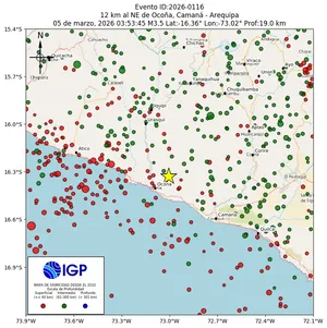 Mapa sísmico del sismo de magnitud 3.5 a 12 km al NE de Ocoña, Camaná - Arequipa, Perú