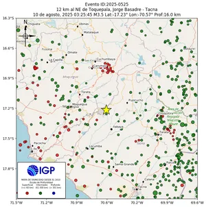 Mapa sísmico del sismo de magnitud 3.5 a 12 km al NE de Toquepala, Jorge Basadre - Tacna, Perú