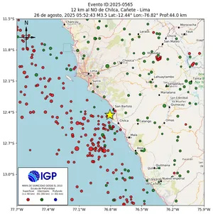 Mapa sísmico del sismo de magnitud 3.5 a 12 km al NO de Chilca, Cañete - Lima, Perú