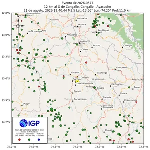 Mapa sísmico del sismo de magnitud 3.5 a 12 km al O de Cangallo, Cangallo - Ayacucho, Perú