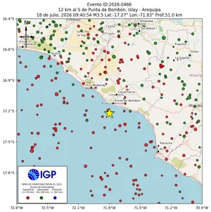 Mapa sísmico del sismo de magnitud 3.5 a 12 km al S de Punta de Bombón, Islay - Arequipa, Perú