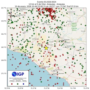 Mapa sísmico del sismo de magnitud 3.5 a 12 km al S de Vitor, Arequipa - Arequipa, Perú