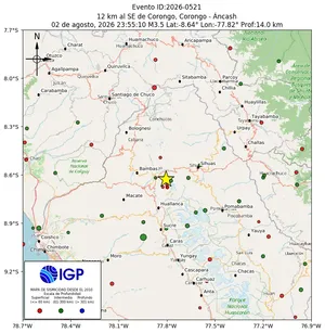 Mapa sísmico del sismo de magnitud 3.5 a 12 km al SE de Corongo, Corongo - Áncash, Perú