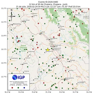 Mapa sísmico del sismo de magnitud 3.5 a 12 km al SO de Chupaca, Chupaca - Junín, Perú