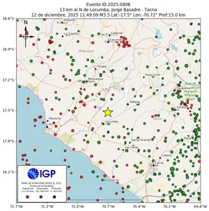 Mapa sísmico del sismo de magnitud 3.5 a 13 km al N de Locumba, Jorge Basadre - Tacna, Perú