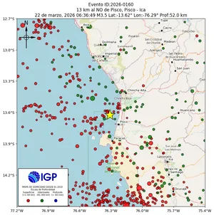 Mapa sísmico del sismo de magnitud 3.5 a 13 km al NO de Pisco, Pisco - Ica, Perú