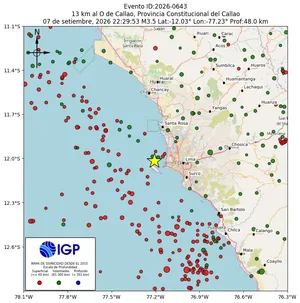 Mapa sísmico del sismo de magnitud 3.5 a 13 km al O de Callao, Provincia Constitucional del Callao, Perú