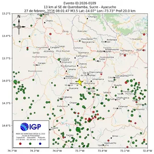 Mapa sísmico del sismo de magnitud 3.5 a 13 km al SE de Querobamba, Sucre - Ayacucho, Perú