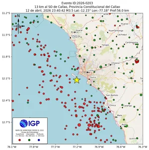 Mapa sísmico del sismo de magnitud 3.5 a 13 km al SO de Callao, Provincia Constitucional del Callao, Perú