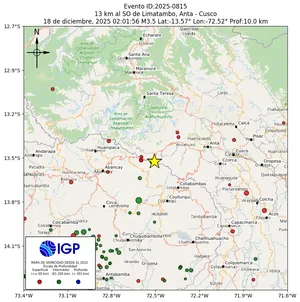 Mapa sísmico del sismo de magnitud 3.5 a 13 km al SO de Limatambo, Anta - Cusco, Perú