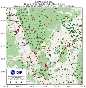 Mapa sísmico del sismo de magnitud 3.5 a 14 km al NO de Aguaytía, Padre Abad - Ucayali, Perú