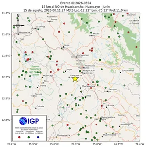 Mapa sísmico del sismo de magnitud 3.5 a 14 km al NO de Huasicancha, Huancayo - Junín, Perú