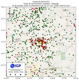 Mapa sísmico del sismo de magnitud 3.5 a 14 km al S de Pinchollo, Caylloma - Arequipa, Perú