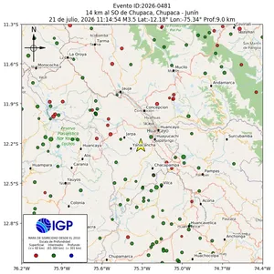 Mapa sísmico del sismo de magnitud 3.5 a 14 km al SO de Chupaca, Chupaca - Junín, Perú