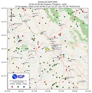 Mapa sísmico del sismo de magnitud 3.5 a 14 km al SO de Chupaca, Chupaca - Junín, Perú