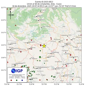 Mapa sísmico del sismo de magnitud 3.5 a 14 km al SO de Limatambo, Anta - Cusco, Perú