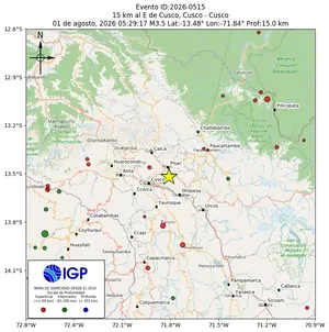 Mapa sísmico del sismo de magnitud 3.5 a 15 km al E de Cusco, Cusco - Cusco, Perú