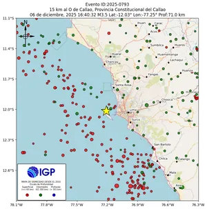 Mapa sísmico del sismo de magnitud 3.5 a 15 km al O de Callao, Provincia Constitucional del Callao, Perú