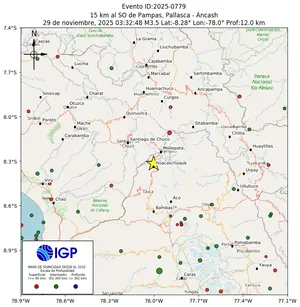 Mapa sísmico del sismo de magnitud 3.5 a 15 km al SO de Pampas, Pallasca - Áncash, Perú