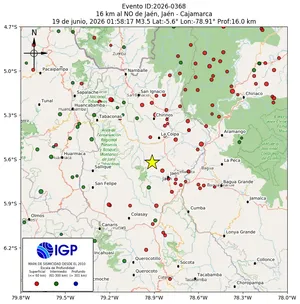 Mapa sísmico del sismo de magnitud 3.5 a 16 km al NO de Jaén, Jaén - Cajamarca, Perú