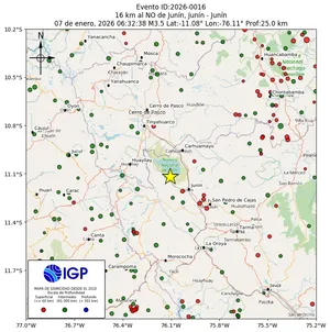 Mapa sísmico del sismo de magnitud 3.5 a 16 km al NO de Junín, Junín - Junín, Perú