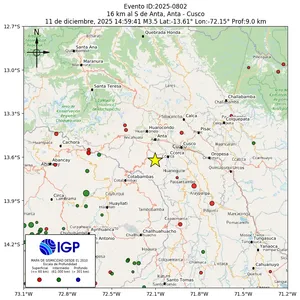Mapa sísmico del sismo de magnitud 3.5 a 16 km al S de Anta, Anta - Cusco, Perú