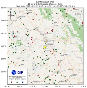 Mapa sísmico del sismo de magnitud 3.5 a 16 km al S de Chupaca, Chupaca - Junín, Perú