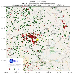 Mapa sísmico del sismo de magnitud 3.5 a 16 km al S de Ichupampa, Caylloma - Arequipa, Perú