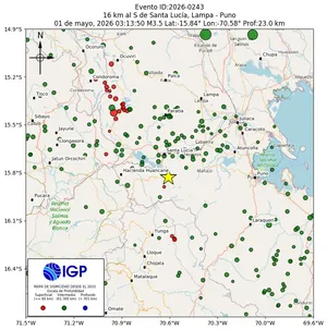 Mapa sísmico del sismo de magnitud 3.5 a 16 km al S de Santa Lucía, Lampa - Puno, Perú