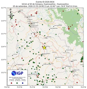 Mapa sísmico del sismo de magnitud 3.5 a 16 km al SE de Conayca, Huancavelica - Huancavelica, Perú